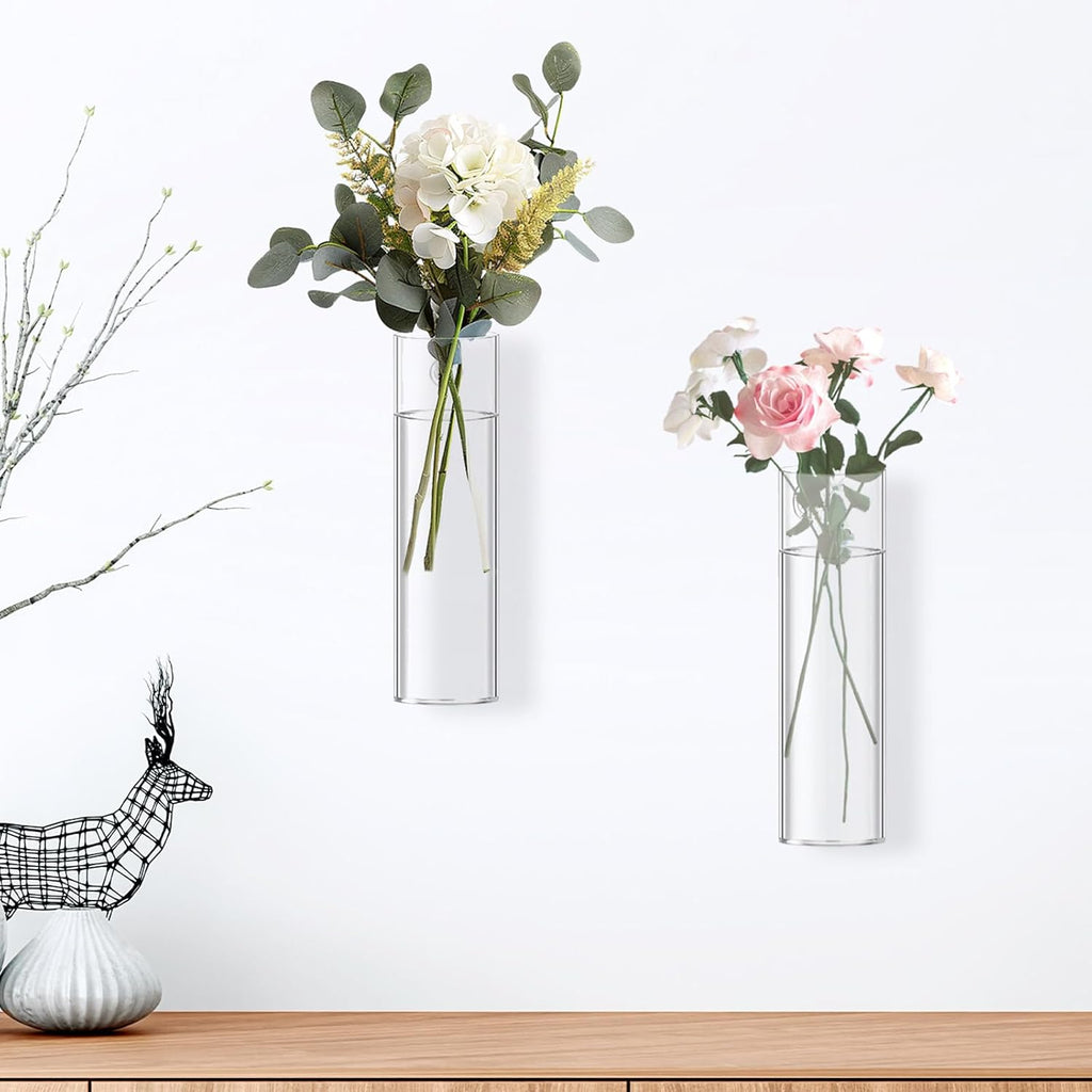2 Pack Wall Mounted Glass Vase Set with Hooks High Borosilicate Transparent Hanging Flower Vase for Home Decor Dining Table