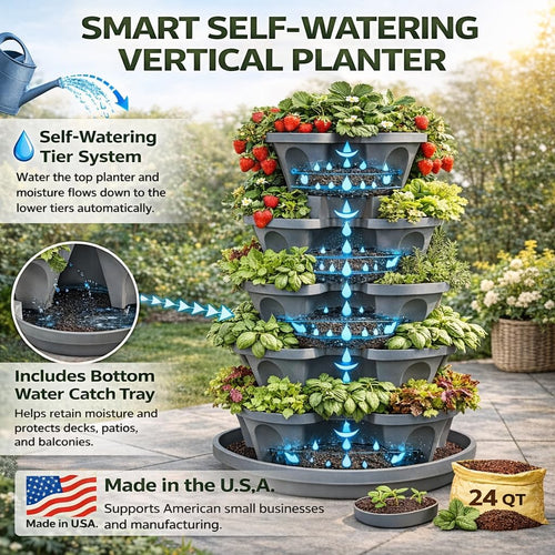 5-Tier Stackable Strawberry Garden – 24 Quart Indoor / Outdoor Stacking Planter with Drip Saucer – Grow Herbs, Strawberries, and Flowers from The Kitchen or Backyard – Plant and Stack! Easy Gardening