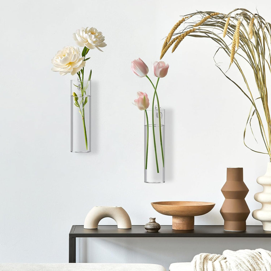 2 Pack Wall Mounted Glass Vase Set with Hooks High Borosilicate Transparent Hanging Flower Vase for Home Decor Dining Table