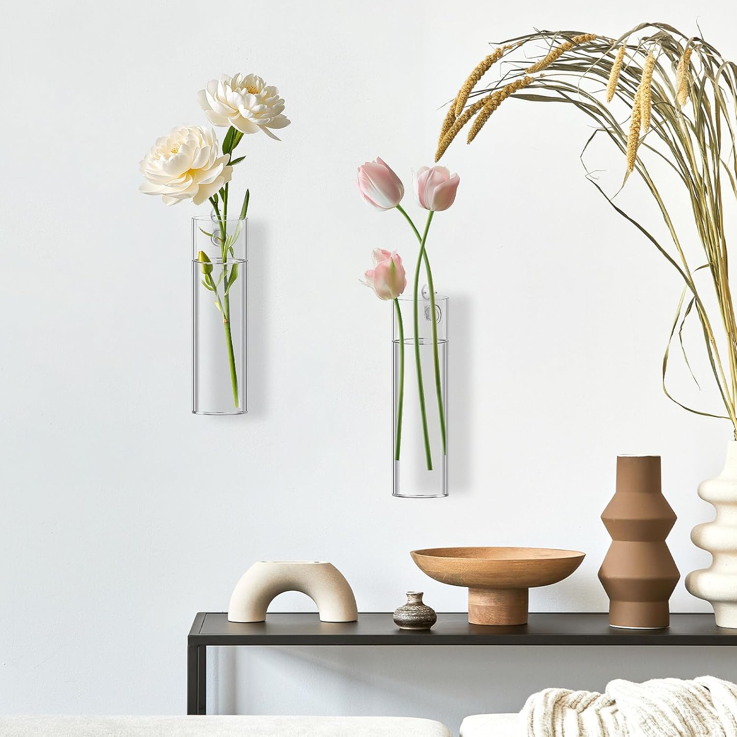 2 Pack Wall Mounted Glass Vase Set with Hooks High Borosilicate Transparent Hanging Flower Vase for Home Decor Dining Table